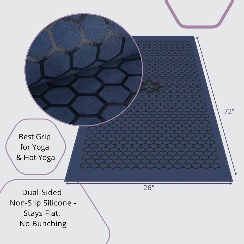 Clever Yoga Hot Yoga Mat Towel â€“ Non-Slip Grip for Hot Yoga, Sweat Absorbent, Honeycomb Silicone Grip, Stays Flat â€“ Ideal for Pilates, Travel, Washable & Lightweight - Dark Blue - Image 3